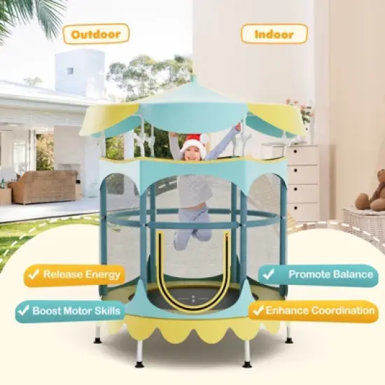 Infans 64" Kids Trampoline w/ Detachable Canopy Safety Enclosure Net Foam Handle Yellow image {8}