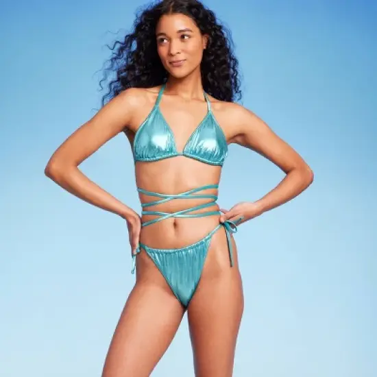 Women's Foil Strappy Extra High Leg Super Cheeky Bikini Bottom - Wild Fable&trade; Teal Blue image {2}