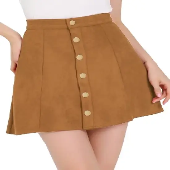 Allegra K Women's Faux Suede Button Closure A-Line High Waisted Flared Mini Short Skirt image {8}