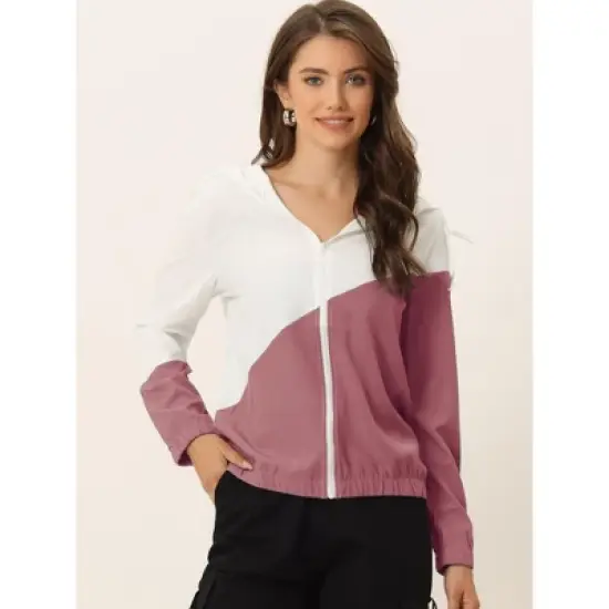 Allegra K Women's Color Block Drawstring Hem Long Sleeve Sport Hooded Zip Lightweight Jacket image {1}