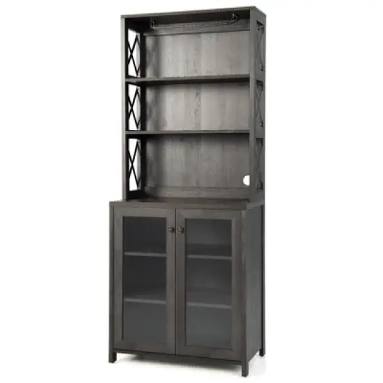 Costway Tall Freestanding Bar Cabinet Kitchen Buffet w/ Glass Holder & Adjustable Shelf image {9}