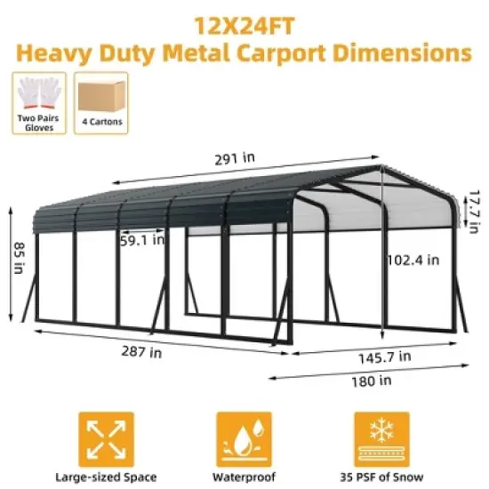 12x24FT Metal Carport Kits with Galvanized Steel Roof, Heavy Duty Metal Roof Carport with Enhanced Base for Tractors, Pickup, Boat, Car image {7}