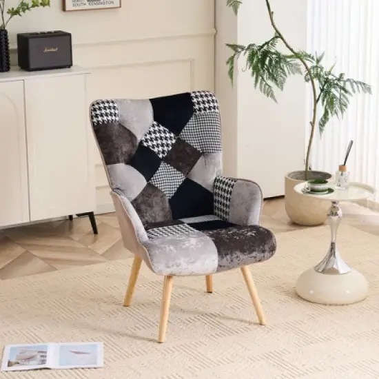 FERPIT Patchwork Upholstered Wingback Accent Chair with Rubberwood Legs image {8}