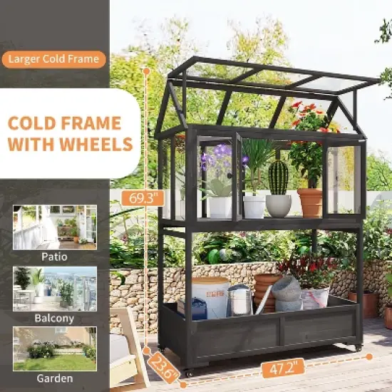 YOOCOZZ Wood Patio Portable Cold Frame with Openable Roof and Storage Box, having Movable Wheels image {5}