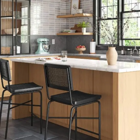 Errol Cane and Wood Counter Height Barstool with Metal Legs Black - Threshold&trade; image {1}