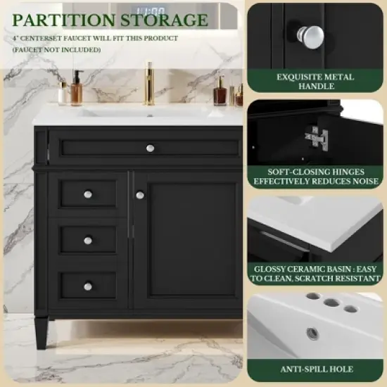 SpassWay 30"L White Modern Bathroom Vanity with Sink 2 Drawers Tip Out Storage Cabinet image {4}