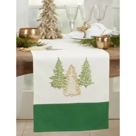 Saro Lifestyle Table Runner With Embroidered Christmas Trees Design, Green, 16" x 72" image {2}
