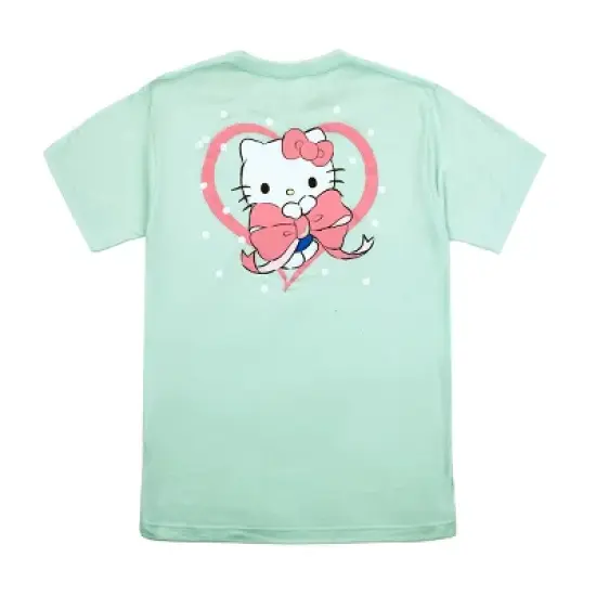 Hello Kitty Puff Print Character With Bow & Heart Women's Light Green Crew Neck Short Sleeve T-shirt image {6}