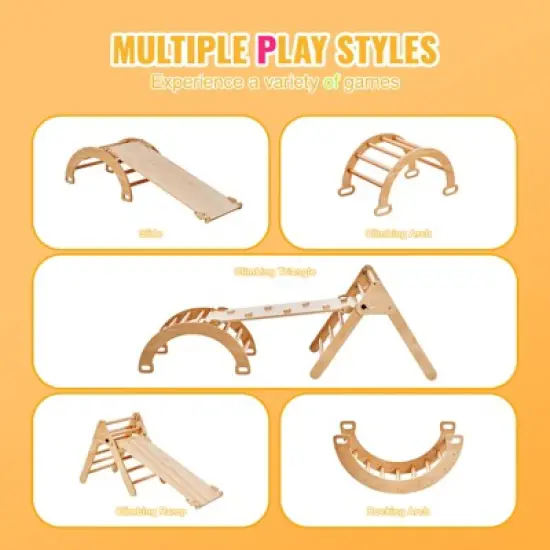 VEVOR Pikler Triangle Set, 5 in 1 Toddler Climbing Toys Indoor Playground, Ramp, and Arch, Montessori Climbing Set for Toddlers 1-3 Years, Wood Color image {5}