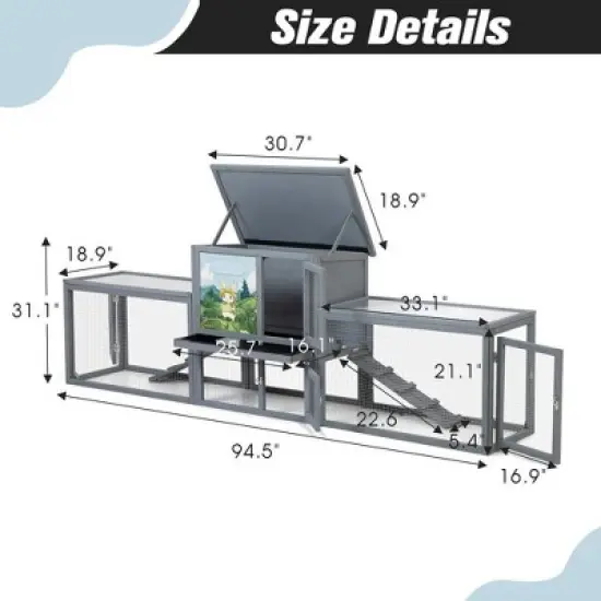 Resenkos 2-Story Rabbit Home, Dual Run Bunny Shelter, Weatherproof Guinea Pig Cage, Resting Area, PC Roof, Gray With Colorful Patterns image {7}