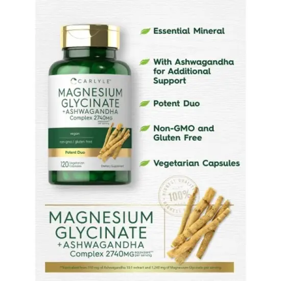Carlyle Magnesium Glycinate with Ashwagandha | 2,740mg Complex | 120 Vegetarian Capsules image {3}