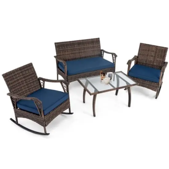 Tangkula Set of 4 Wicker Rocking Set 2 Patio Rattan Rocker Chairs w/Loveseat & Coffee Table Heavy-Duty Metal Frame & Bungee Rope Seat Navy image {8}