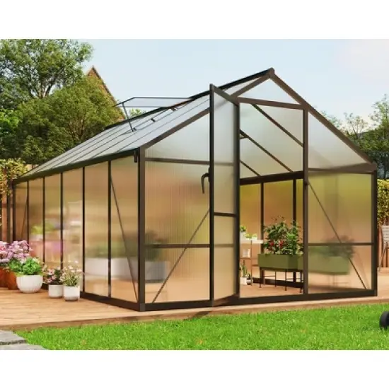 8x12FT Aluminum Greenhouse with Roof Vent Ground Nails Lockable Push Door Large Walk-in Green House for Outside Garden Backyard Patio Lawn image {3}