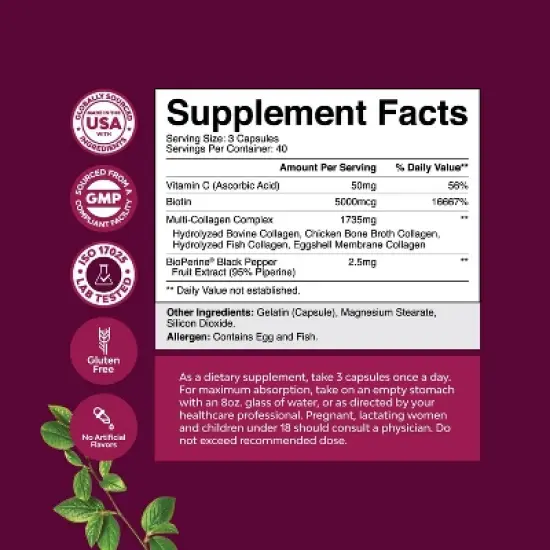 Multi Collagen Complex Capsules, Biotin and Collagen Supplement with BioPerine and Hair Skin and Nails Vitamins, Nature's Craft, 120ct image {2}