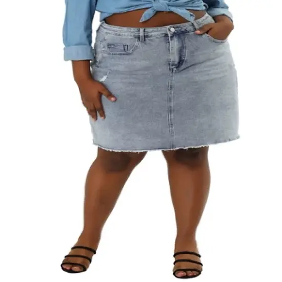 Agnes Orinda Women's Plus Size Denim Embroidered Distressed Ripped Pencil Skirts image {1}