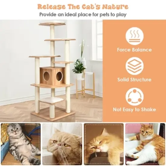 Costway 69" Modern Cat Tree Multi-layer Kitten Activity Tower w/ Removable Soft Mat image {5}