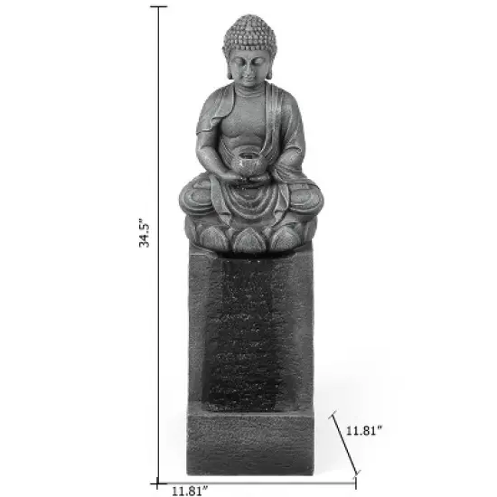 LuxenHome Gray Resin Meditating Buddha on Column Outdoor Fountain with LED Light image {6}