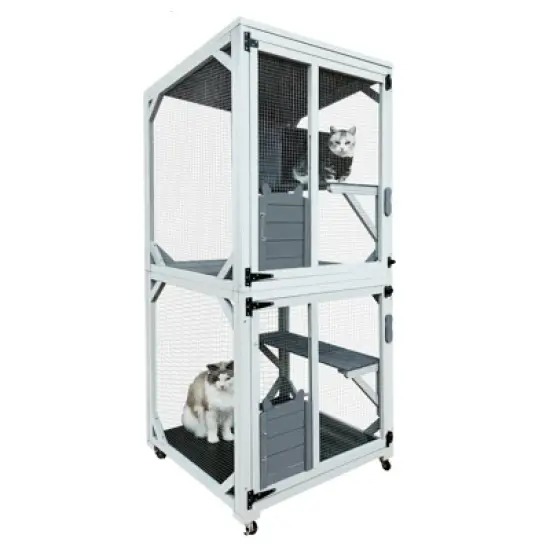 LOVMOR Wooden Catio Outdoo Cat Enclosure on Wheels, Kitty Condo Cage Shelter Playpen w/ Sliding Doors, Platforms & Weatherproof Asphalt Roof image {7}