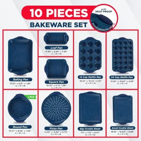 BAKKEN Kitchen Baking Pan Set - Nonstick Coating, Carbon Steel Bakeware Sets with Blue Silicone Handles, Oven Safe Tray (Up To 450&deg; F), Set of 10 image {1}