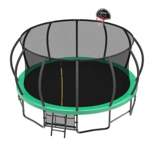 Aukfa 15FT Pumpkin Trampoline with Enclosure Net & Basketball Hoop,Outdoor Trampoline Set with Safety Net, Ladder, Balance Bar image {3}