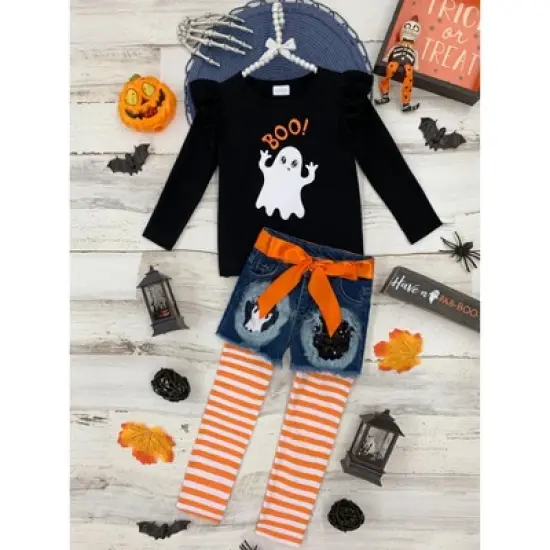 Girls All Boo'd Up Top, Patched Denim Shorts, & Legging Set - Mia Belle Girls image {4}