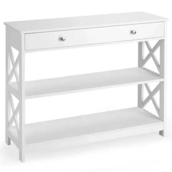 Costway 3-Tier Console Table X-Design Sofa Entryway Table with Drawer & Shelves Gray\ Espresso image {10}