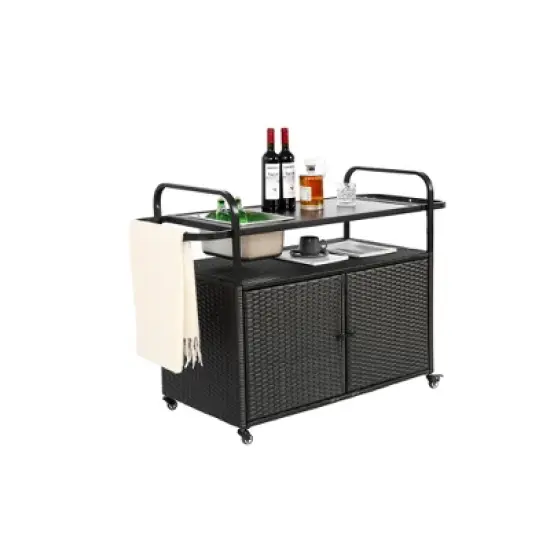 Outdoor Bar Table, Wicker Bar Cart with Cabinet, Patio Serving Cart with steel Top, with a ice bucket, Lockable Wheels, Side Basket image {1}
