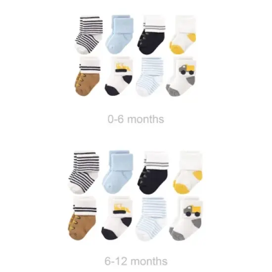 Luvable Friends Infant Boy Grow with Me Cotton Terry Socks, Yellow Bulldozer, 0-6 and 6-12 Months image {1}