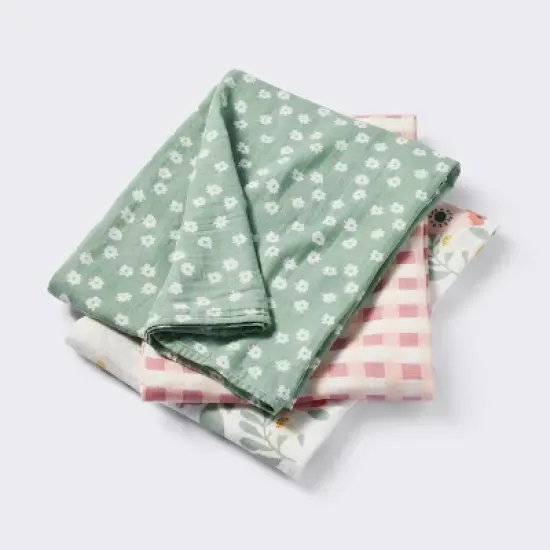Muslin Swaddle Baby Blanket - Floral Gingham - 3pk - Cloud Island&trade; image {4}
