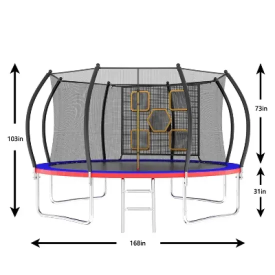 14FT Round Trampoline with Ladder, Enclosure Net & Toss Target Game &ndash; Red Steel Frame Belatt image {7}