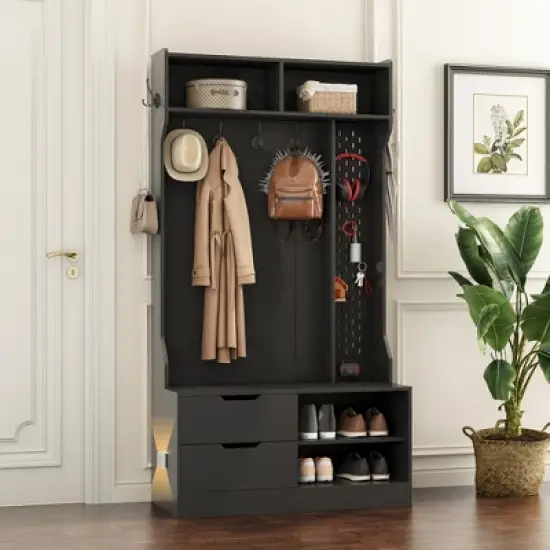 TIRAMISUBEST Hall Tree with 6 Hooks - Black Entryway Organizer with Storage image {2}