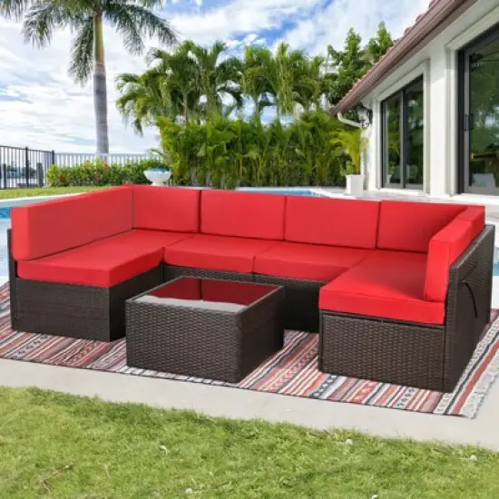COWLOWN 7 Piece Patio PE Rattan Wicker Sofa, Outdoor Sectional Furniture Chair Set with Cushions and Coffee Table,Patio PE Rattan Wicker Sofa image {8}