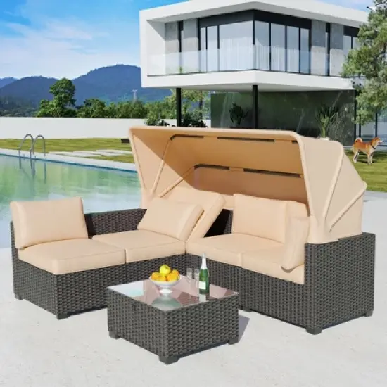Patio Furniture Sets 6 Pieces, PE Rattan Daybed with Retractable Canopy& Adjustable Backrest Outdoor Sectional Furniture with Glass Coffee Table image {8}