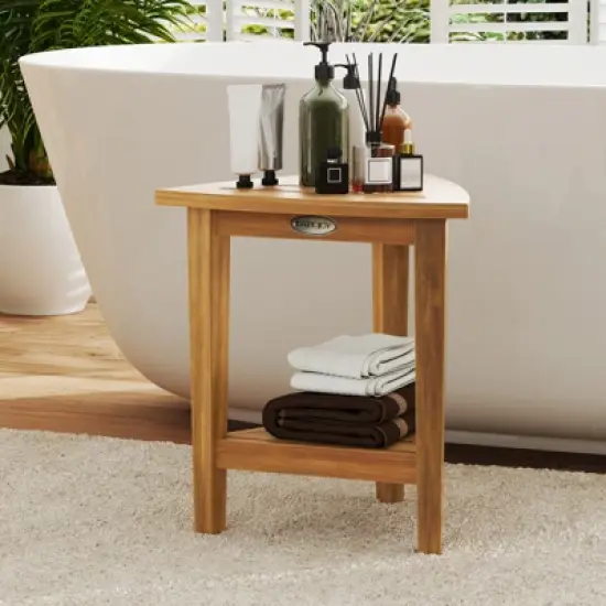 Tangkula Shower Stool Teak Wood Corner Bath Stool w/ Storage Shelf Shower Seat Chair image {2}