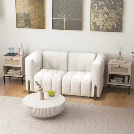 Tangkula Rattan Nightstand Boho End Table with Drawer & Open Shelf for Living Room Oak image {9}