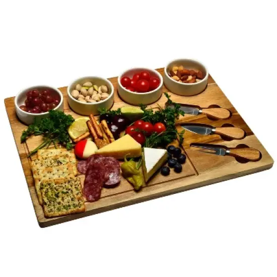 Picnic at Ascot - Large Personalized Monogrammed Premium Acacia Charcuterie Board Set with Ceramic Bowls & Cheese Knives - 17" x 13" image {1}