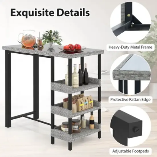 Costway 43.5" Outdoor Bar Table with Tempered Glass Top & 3 Rattan Shelves Storage image {8}