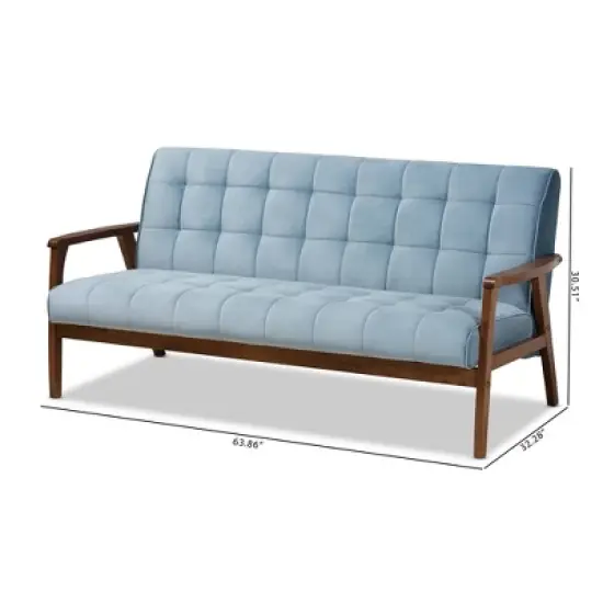 Asta Velvet Upholstered Wood Sofa Light Blue/Walnut - Baxton Studio image {8}