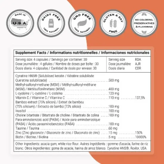 SuperSmart Hair & Nails Formula - Patented Solubilized Keratine - with Biotin, Bamboo, MSM, Cynatine HNS Keratin | Non-GMO - 120 Vegetarian Capsules image {3}