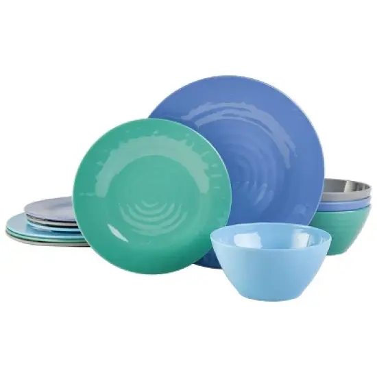 Gibson Home Brela 12 Piece Round Melamine Dinnerware Set in Assorted Blue image {4}
