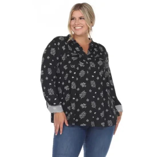 Plus Size Pleated Long Sleeve Leaf Print Blouse image {5}