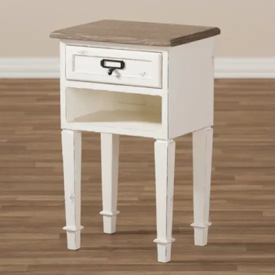 Dauphine 1 Drawer Provincial Style Oak and Distressed Finish Wood Nightstand White - Baxton Studio image {6}