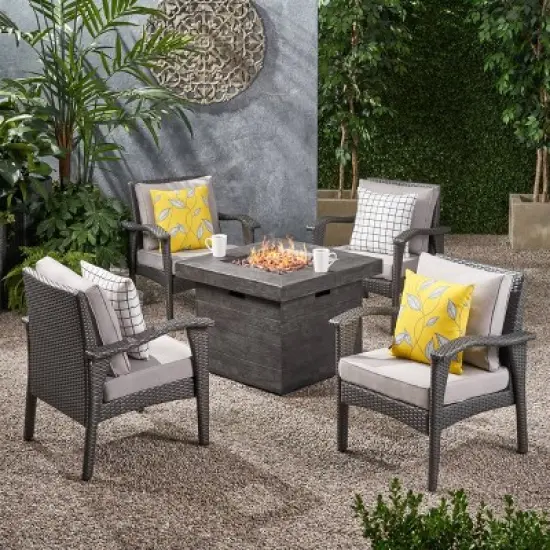 Keana 5pc Faux Rattan Club Chair & Fire Pit Chat Set - Christopher Knight Home image {1}