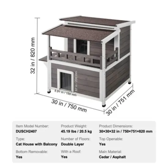 VEVOR Outdoor Cat House Weatherproof, Feral Cat Shelter for Multiple Cats, 2-story Large Outdoor Wooden Cat House with Balcony, Doors,PVC Door Flaps image {7}
