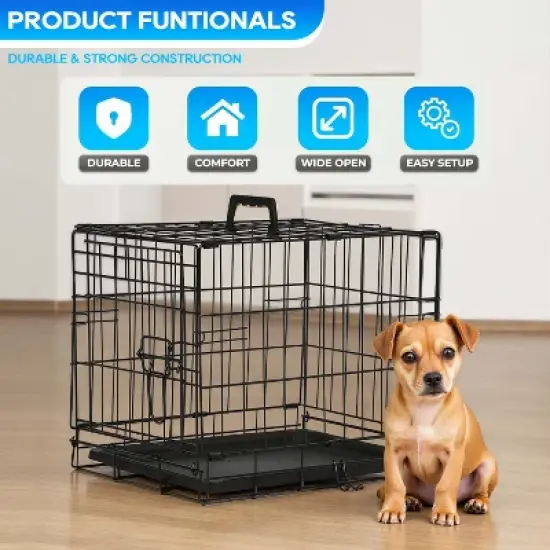 FDW Dog Crate for Small Dogs 18 Inch Folding Metal Wire Pet Cage Double Door W/Divider Panel Indoor Outdoor Kennel Leak-Proof Plastic Tray, Black image {1}