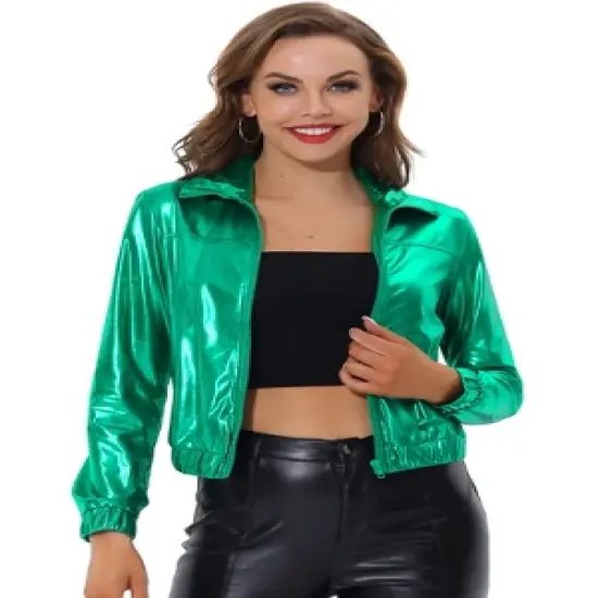 Allegra K Women's Track Holographic Shiny Long Sleeve Metallic Zip Front Jacket image {10}
