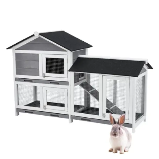 GustoWave 63'' Rabbit Hutch Indoor and Outdoor 2-Story Rabbit Cage with Pull Out Tray 3 Leak-Proof Trays Fir Wood Pet House with Wooden Ramp image {5}