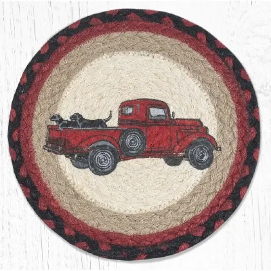 Earth Rugs Lab Pickup Printed Round Trivet &ndash; 10"x10" Braided Jute Hot Pad with Vintage Truck & Dog, Farmhouse Rustic Decor image {3}