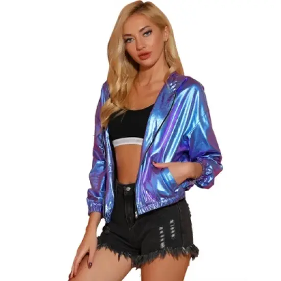 Allegra K Women's Holographic Shiny Long Sleeve Zipper Hooded Metallic Jacket image {10}