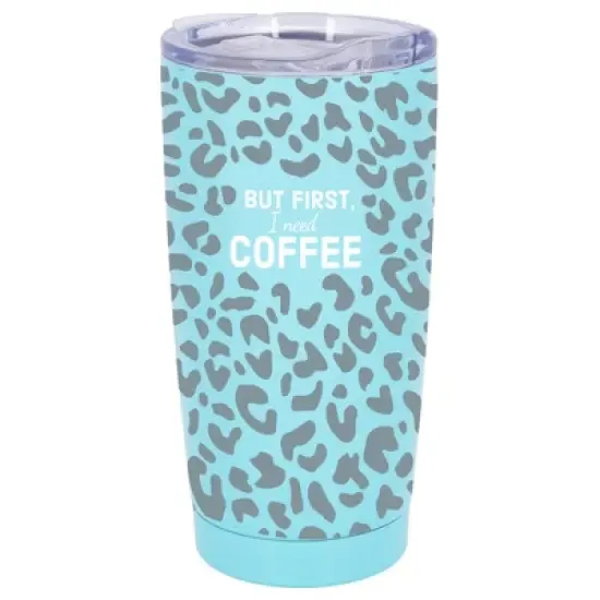 100 North 20 Ounce Stainless Steel On the Go Travel Tumbler With Push Top Lid, First I Need Coffee Teal image {5}